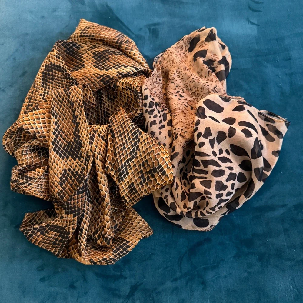 Animal Print Scarf Set Leopard Snakeskin Brown Tan Lightweight‎ Oblong 2 Piece